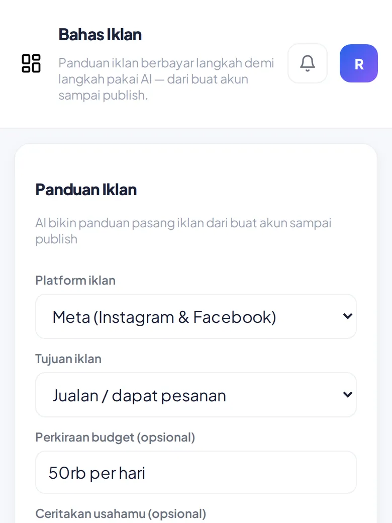Isi platform, tujuan, dan budget (tampilan HP)