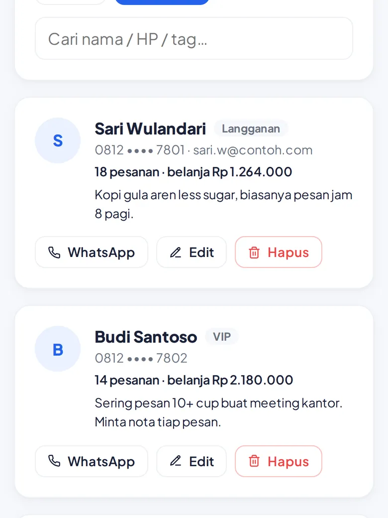 Data pelanggan dan riwayat belanja (tampilan HP)