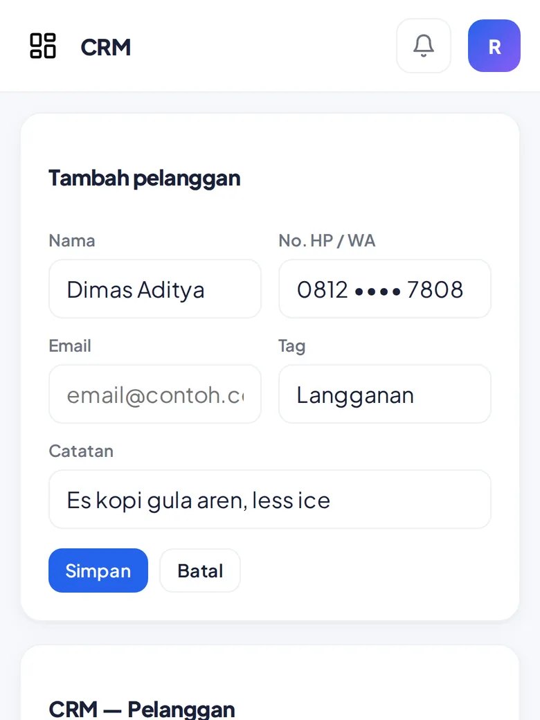 Tambah pelanggan dari HP (tampilan HP)