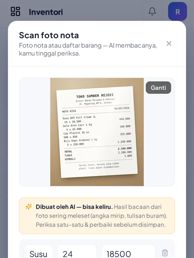 Foto nota, barang terbaca sendiri (tampilan HP)