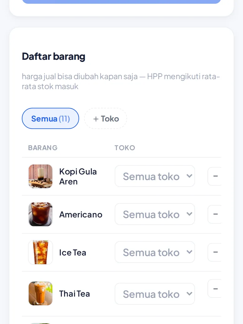 Daftar barang dan stok (tampilan HP)