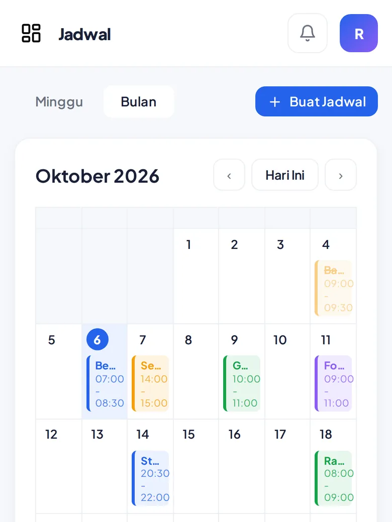 Kalender bulanan dan agenda (tampilan HP)