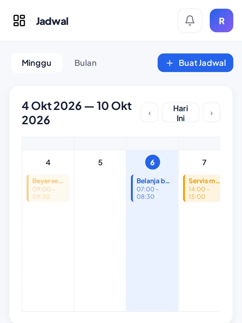 Jadwal mingguan (tampilan HP)