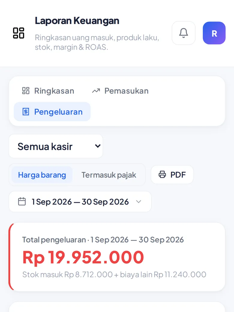 Pengeluaran dan total laba (tampilan HP)