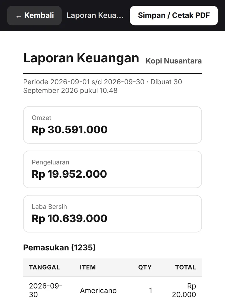 Laporan siap cetak PDF (tampilan HP)