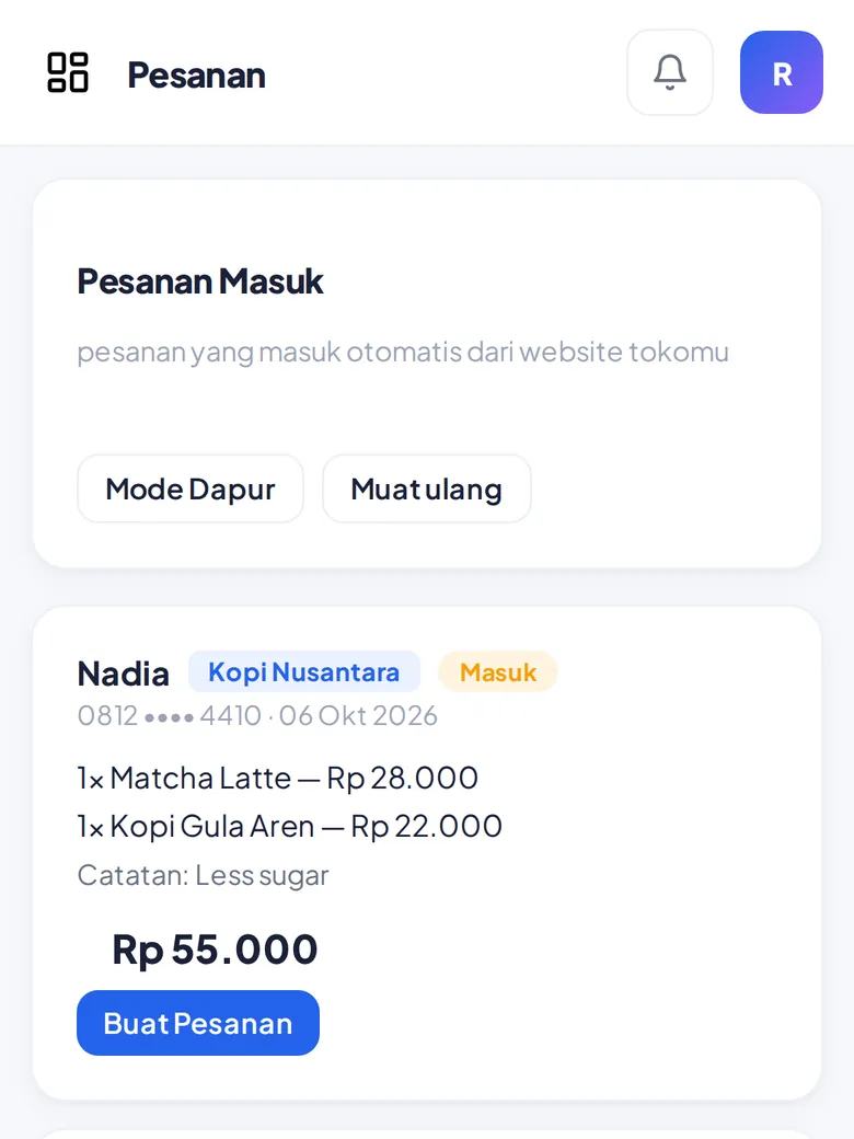 Pesanan website masuk ke satu daftar (tampilan HP)