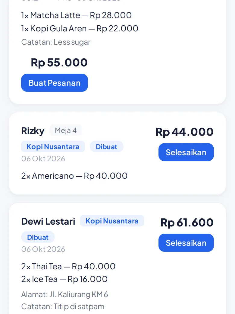 Tandai pesanan selesai dari HP (tampilan HP)