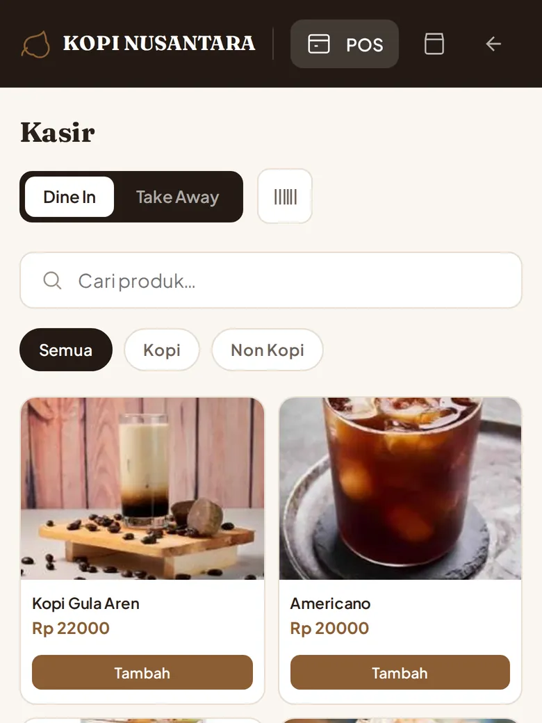 Kasir di HP: pilih menu, langsung bayar (tampilan HP)