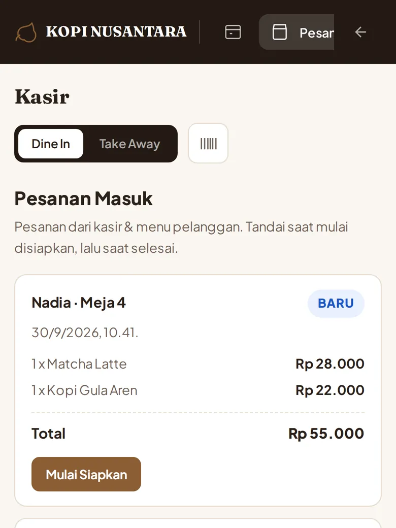Pesanan dari kasir langsung masuk (tampilan HP)