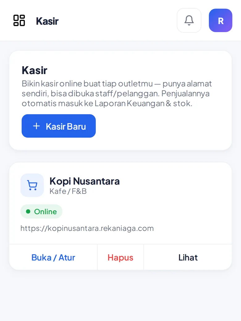 Atur kasir tiap outlet (tampilan HP)