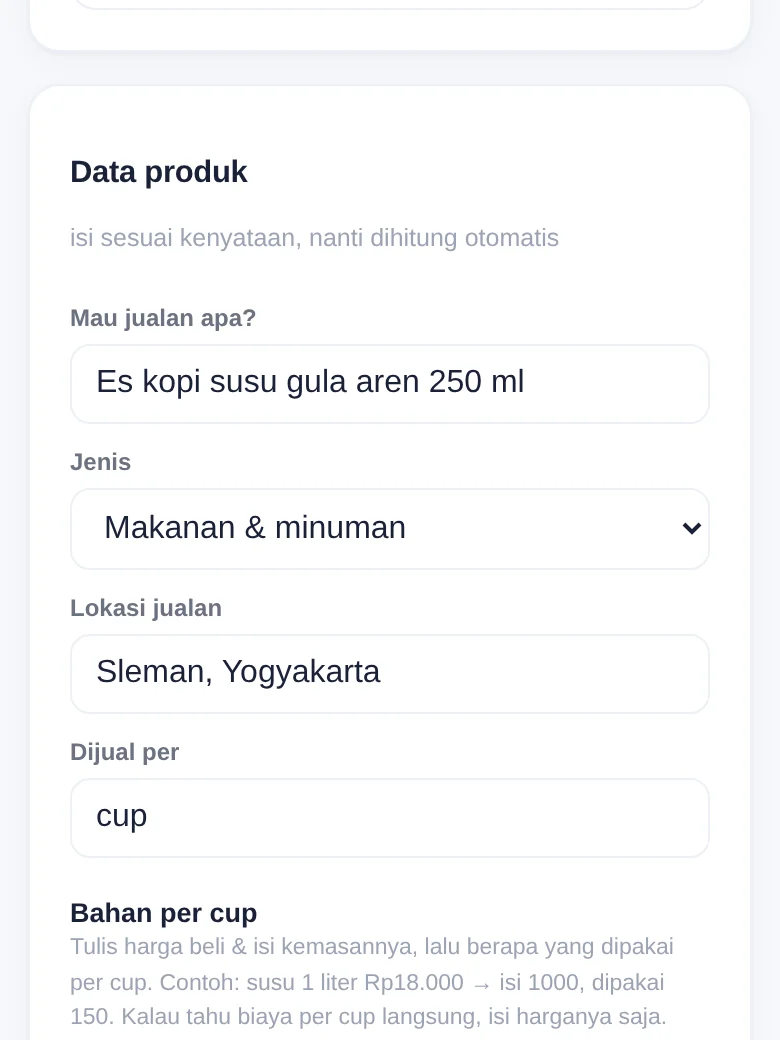 Kalkulator HPP Riset Bisnis & Produk (tampilan HP)