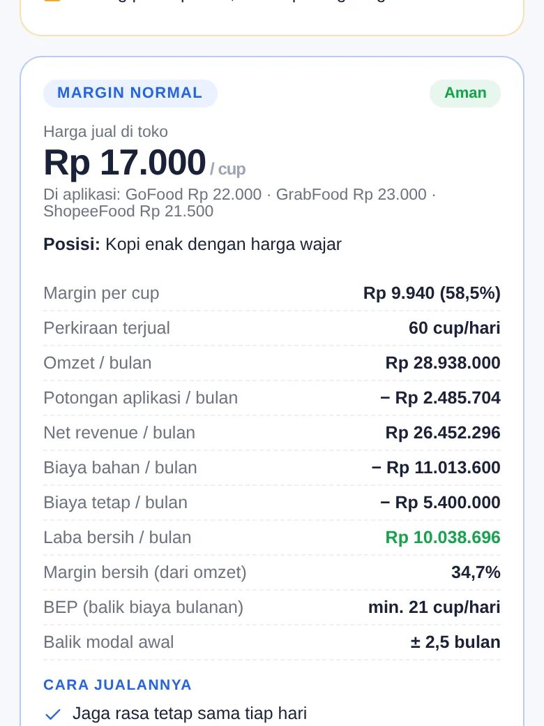 Skenario margin normal dengan net revenue dan BEP (tampilan HP)