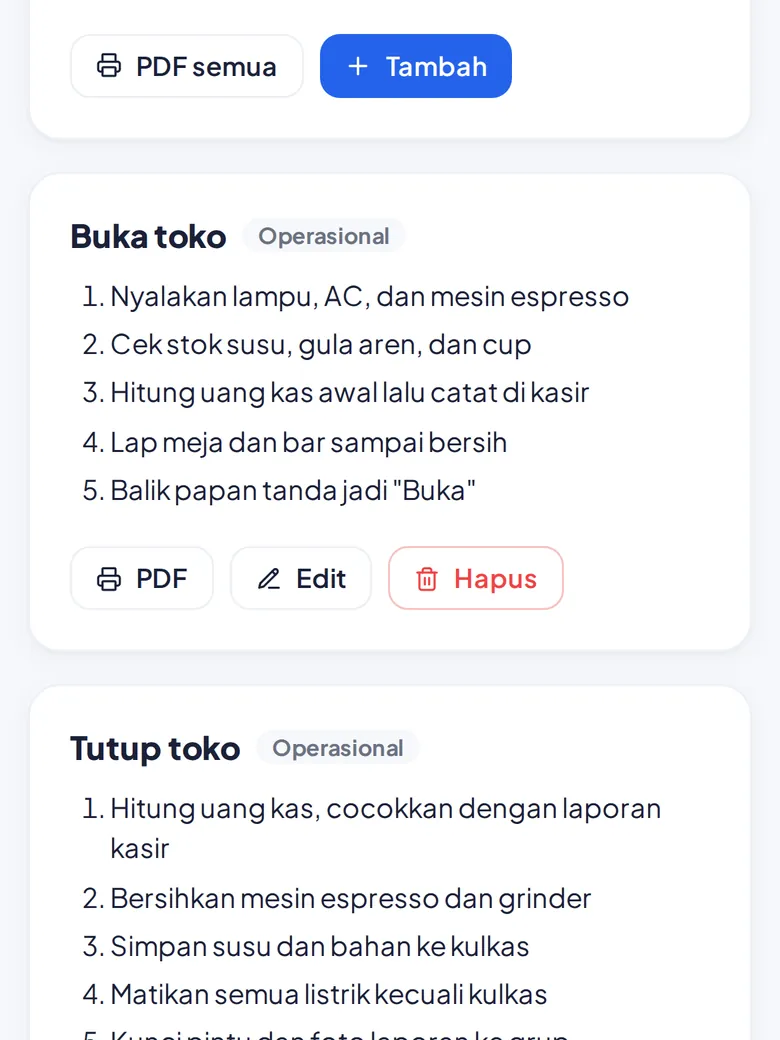SOP karyawan, bisa dicetak (tampilan HP)