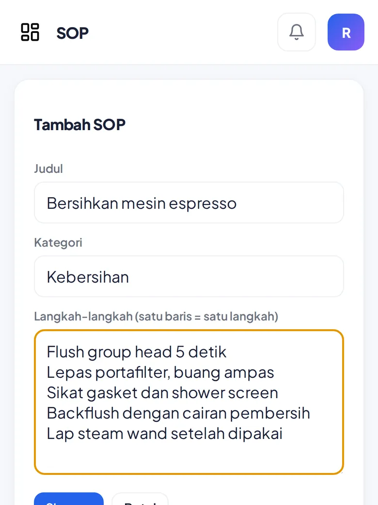 Tulis SOP baru dari HP (tampilan HP)