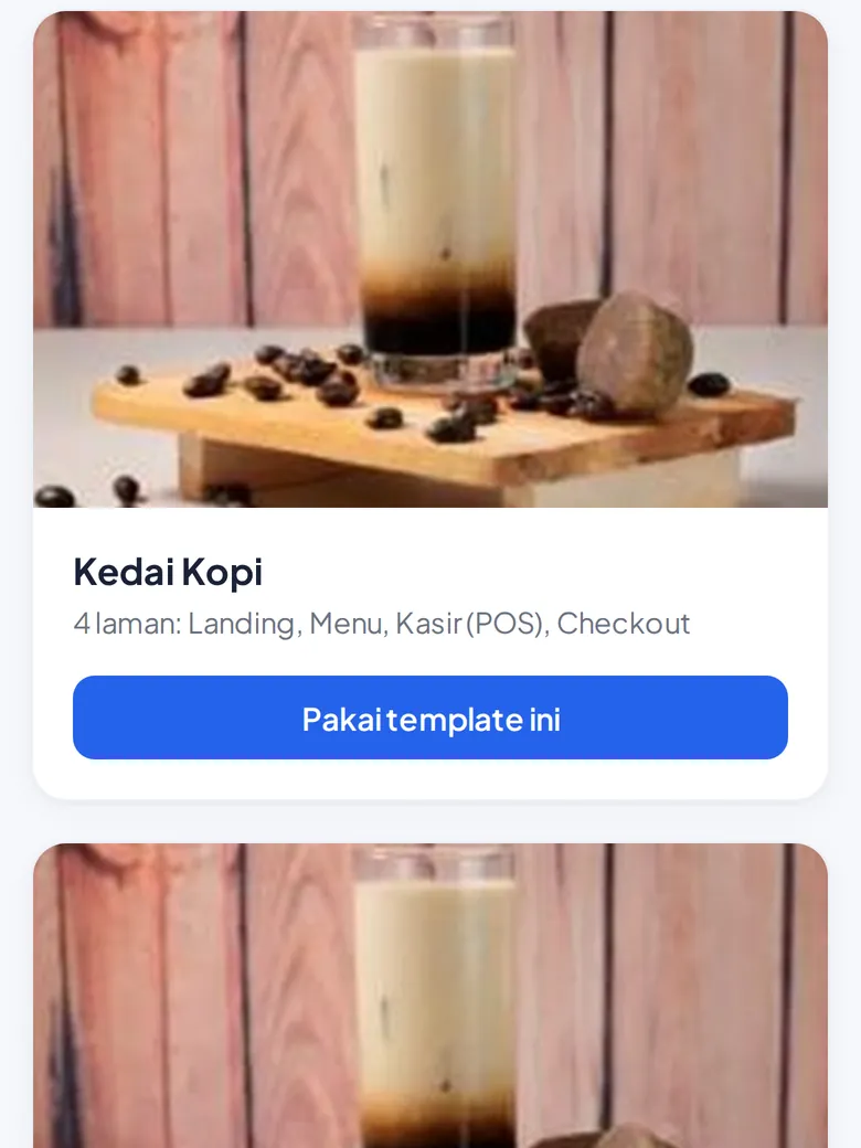 Pilih template, langsung jadi website (tampilan HP)