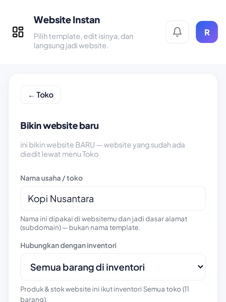 Isi nama usaha, hubungkan dengan inventori (tampilan HP)
