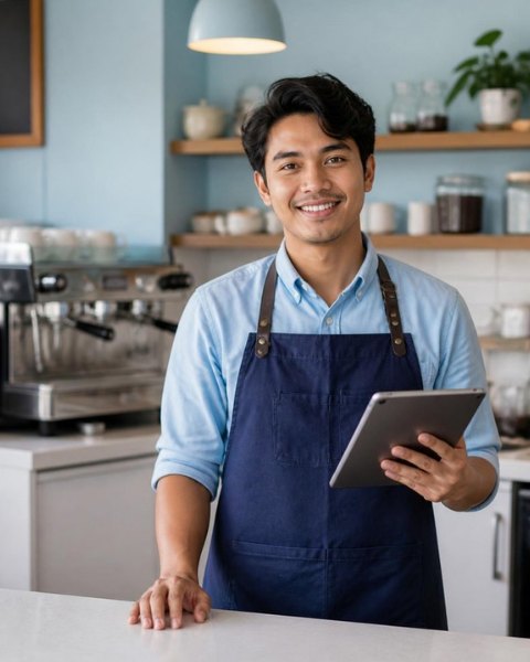 Pemilik kafe di balik meja kasir