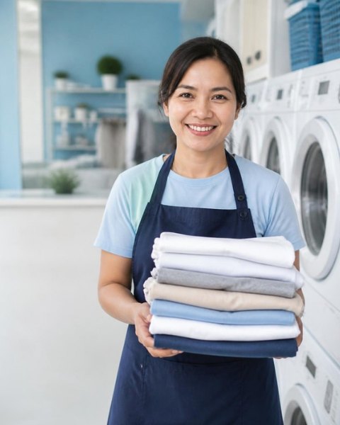Pemilik laundry membawa cucian bersih