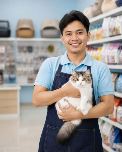 Pemilik petshop menggendong kucing